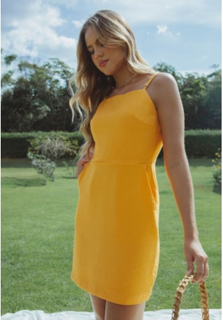 Vestido Curto Feminino de Alça na Cor Laranja Dialogo Jeans