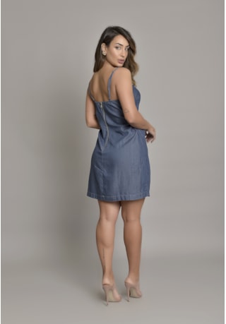 Vestido Liocel de Alça com Fenda Lateral Dialogo Jeans